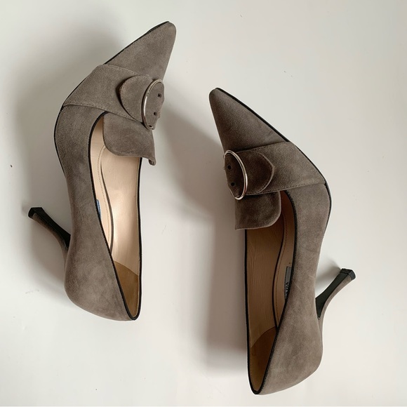 Prada Mid Heel Pointed Loafer Pump with Buckle Grey - Picture 6 of 17